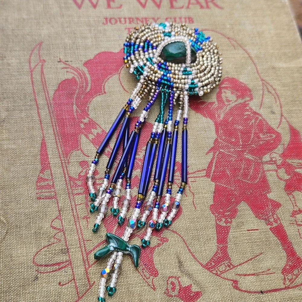 Handmade Beaded Malachite Bird Fringe Button Cover Bolo Tie Brooch Blue Green
